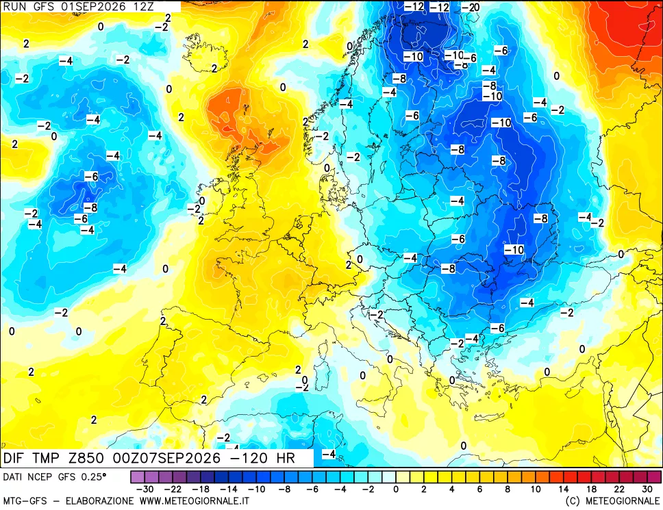 mappa Dif. Temp a 850 hPa Valid - Init