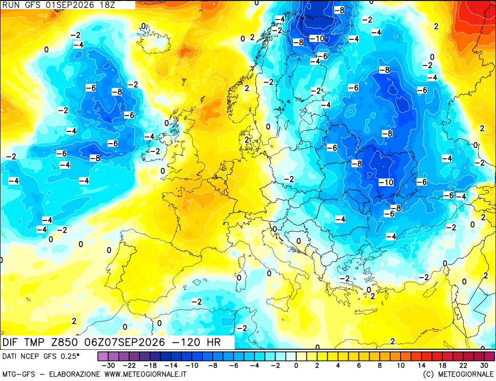 mappa Dif. Temp a 850 hPa Valid - Init