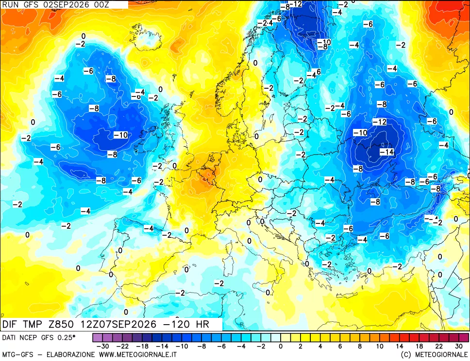 mappa Dif. Temp a 850 hPa Valid - Init