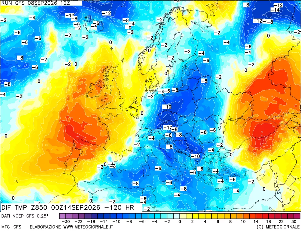 mappa Dif. Temp a 850 hPa Valid - Init