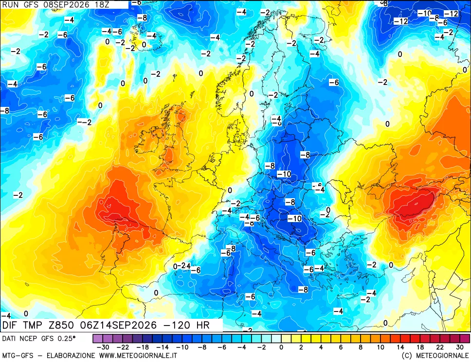 mappa Dif. Temp a 850 hPa Valid - Init