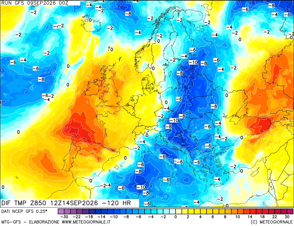 mappa Dif. Temp a 850 hPa Valid - Init