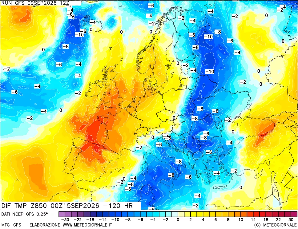 mappa Dif. Temp a 850 hPa Valid - Init