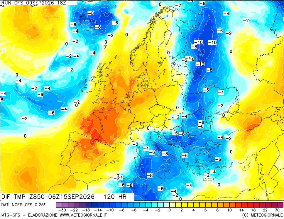 mappa Dif. Temp a 850 hPa Valid - Init