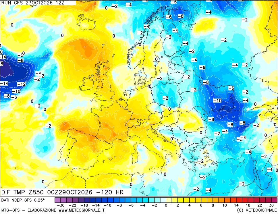 mappa Dif. Temp a 850 hPa Valid - Init
