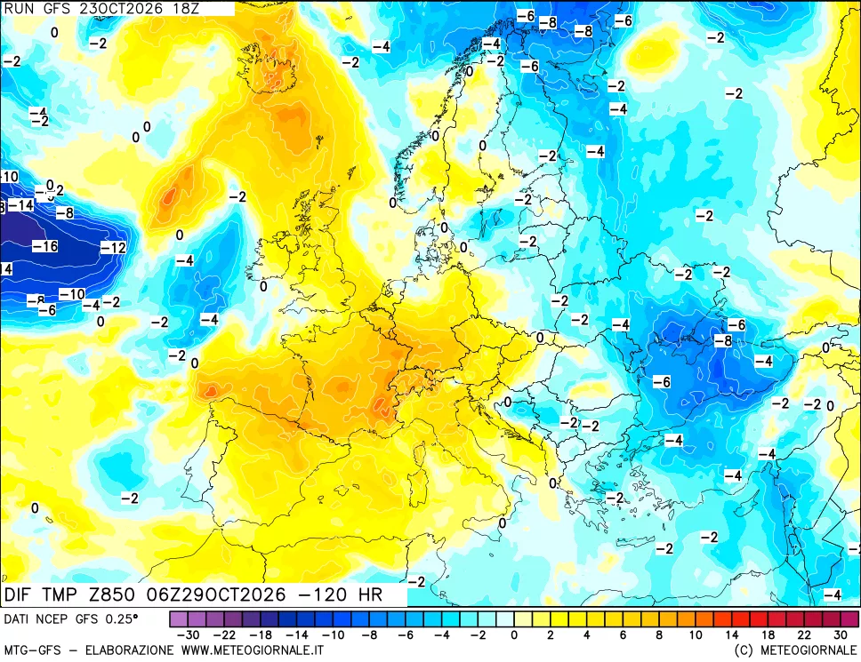 mappa Dif. Temp a 850 hPa Valid - Init
