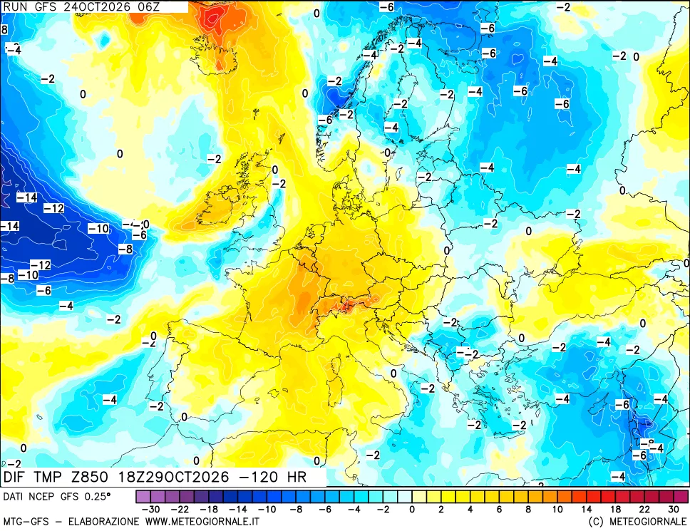 mappa Dif. Temp a 850 hPa Valid - Init