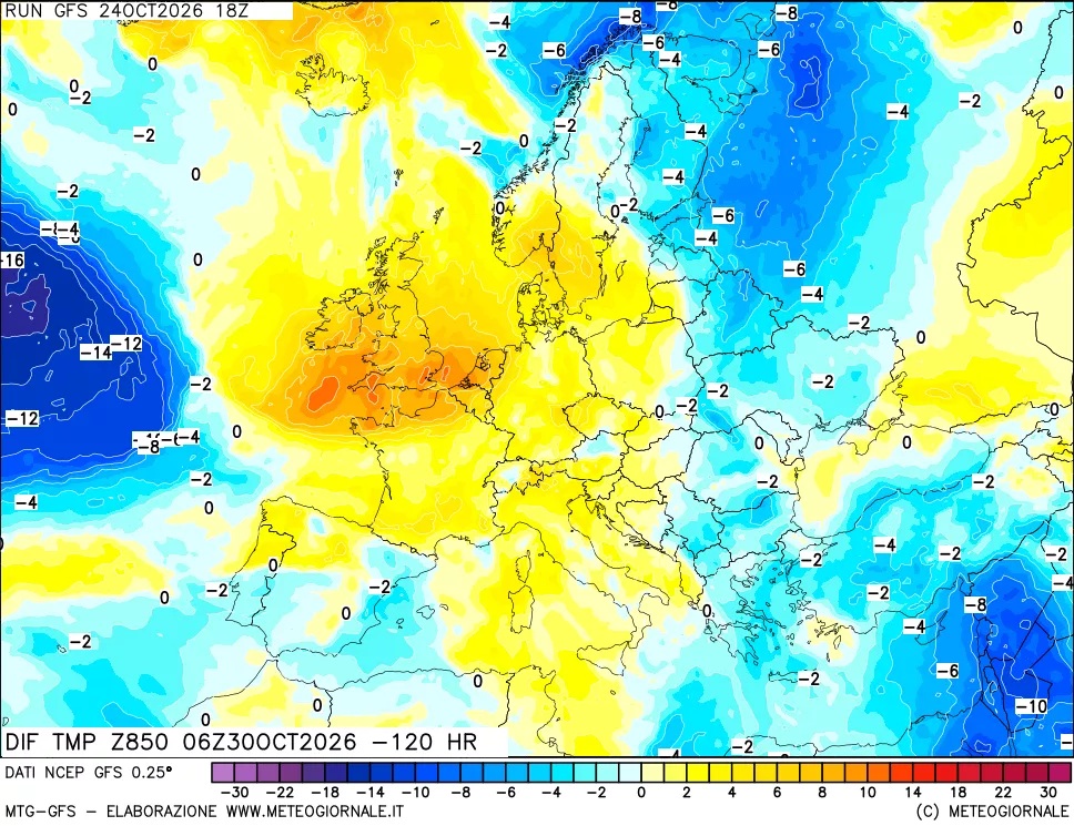 mappa Dif. Temp a 850 hPa Valid - Init