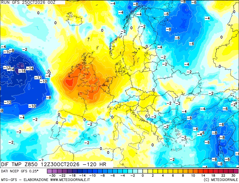 mappa Dif. Temp a 850 hPa Valid - Init