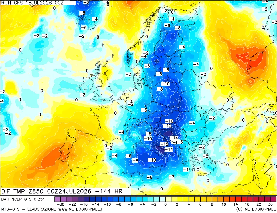 mappa Dif. Temp a 850 hPa Valid - Init