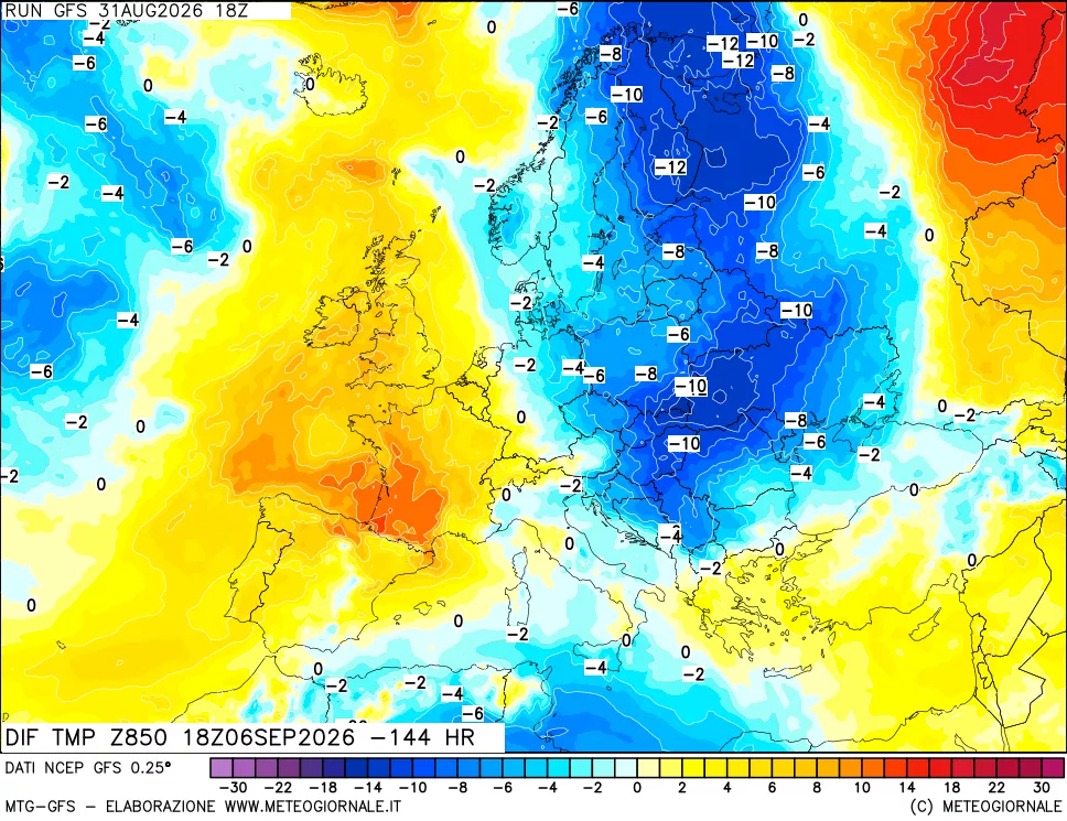 mappa Dif. Temp a 850 hPa Valid - Init
