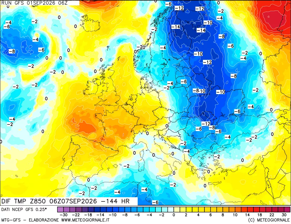 mappa Dif. Temp a 850 hPa Valid - Init