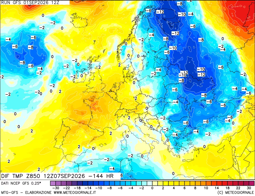 mappa Dif. Temp a 850 hPa Valid - Init