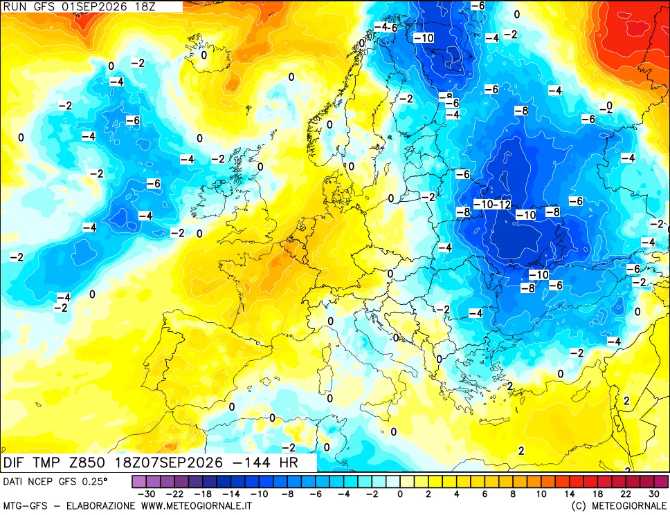 mappa Dif. Temp a 850 hPa Valid - Init