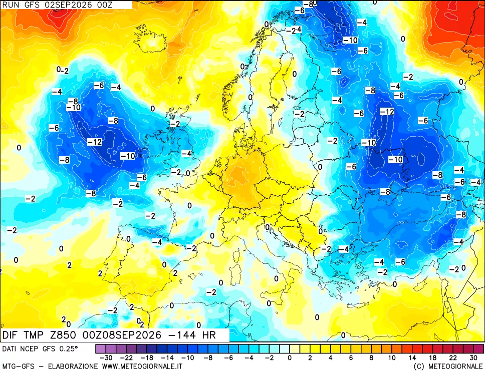mappa Dif. Temp a 850 hPa Valid - Init