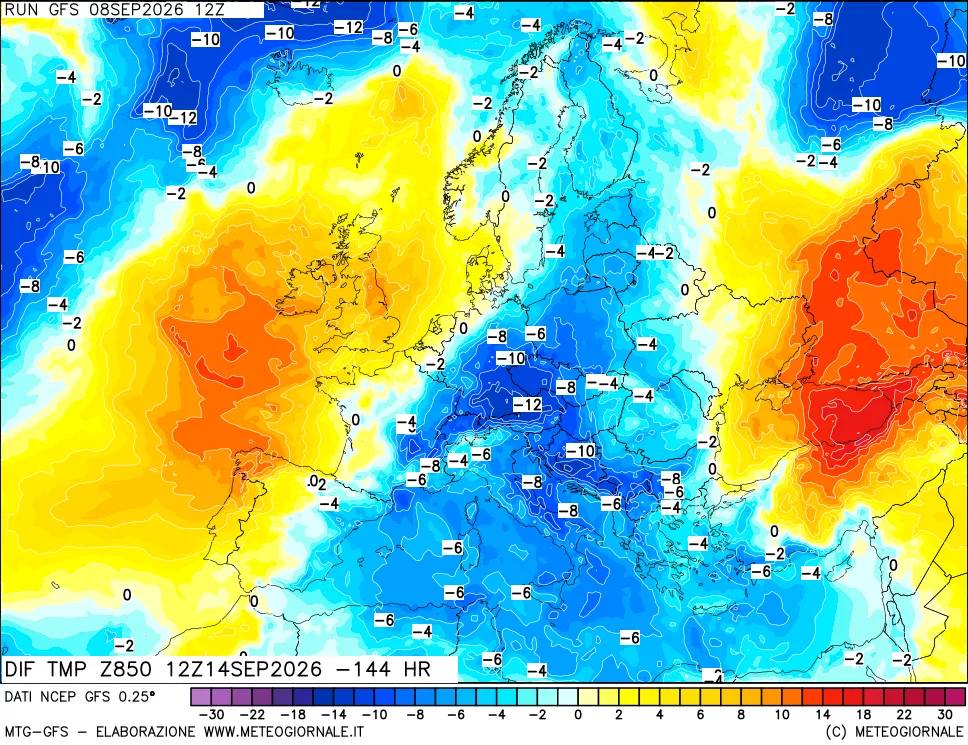 mappa Dif. Temp a 850 hPa Valid - Init