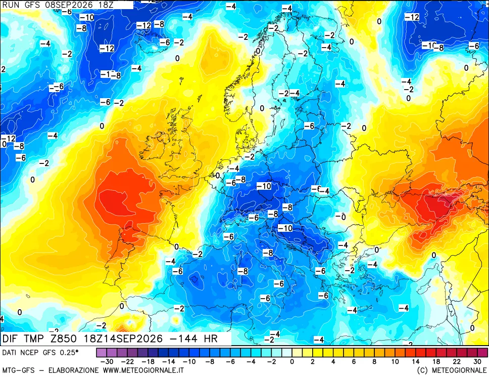 mappa Dif. Temp a 850 hPa Valid - Init