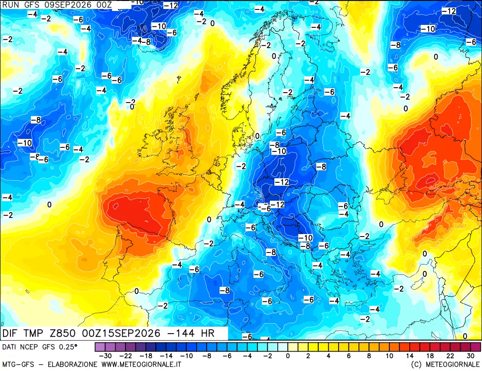 mappa Dif. Temp a 850 hPa Valid - Init