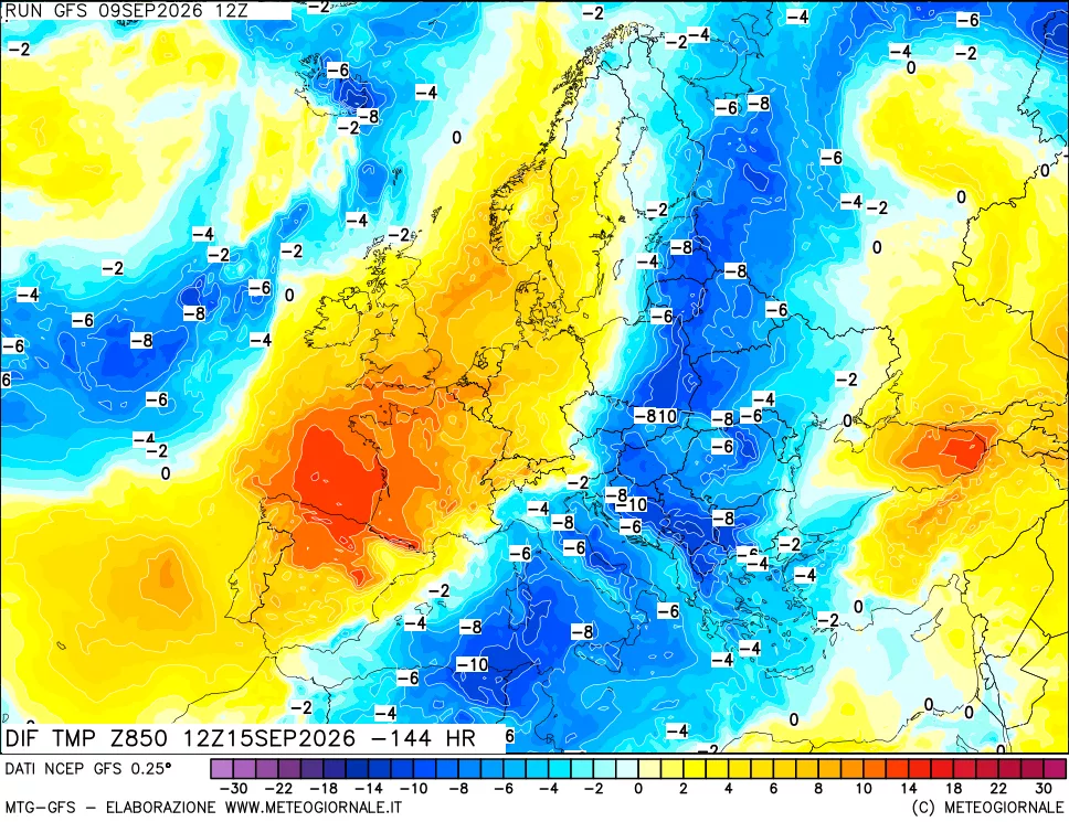 mappa Dif. Temp a 850 hPa Valid - Init