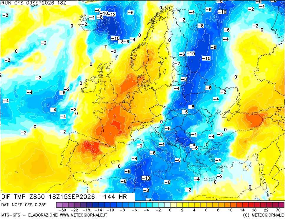 mappa Dif. Temp a 850 hPa Valid - Init