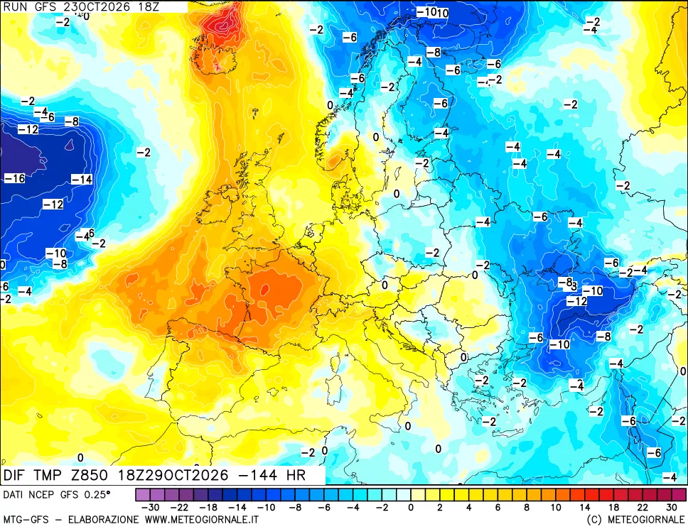 mappa Dif. Temp a 850 hPa Valid - Init