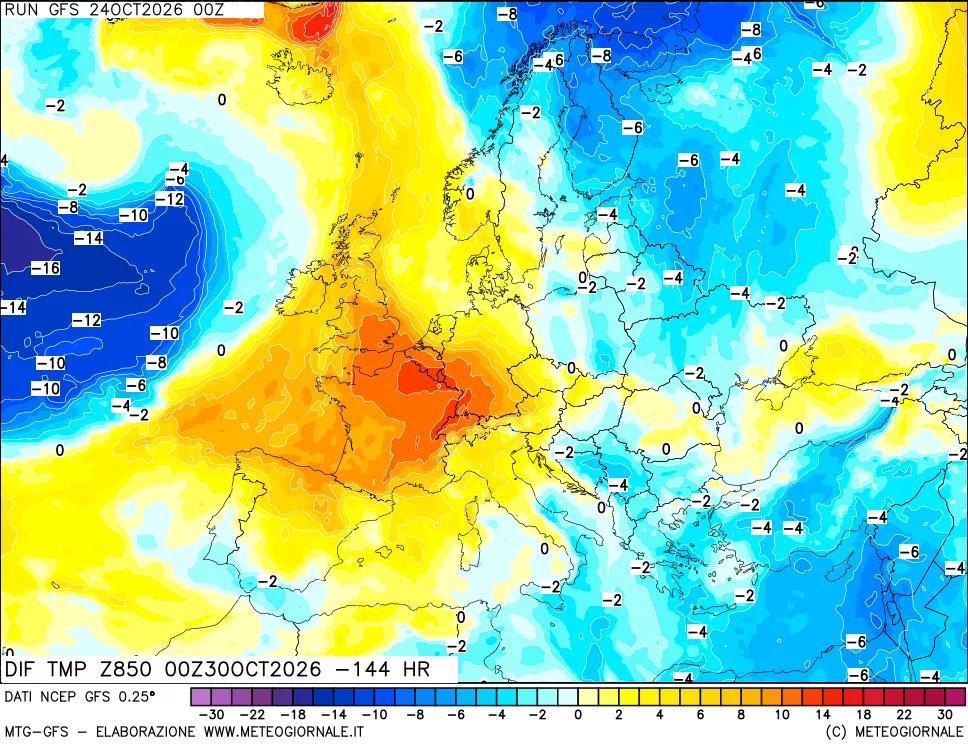 mappa Dif. Temp a 850 hPa Valid - Init