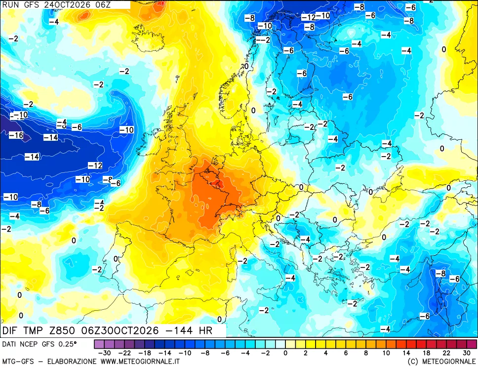 mappa Dif. Temp a 850 hPa Valid - Init