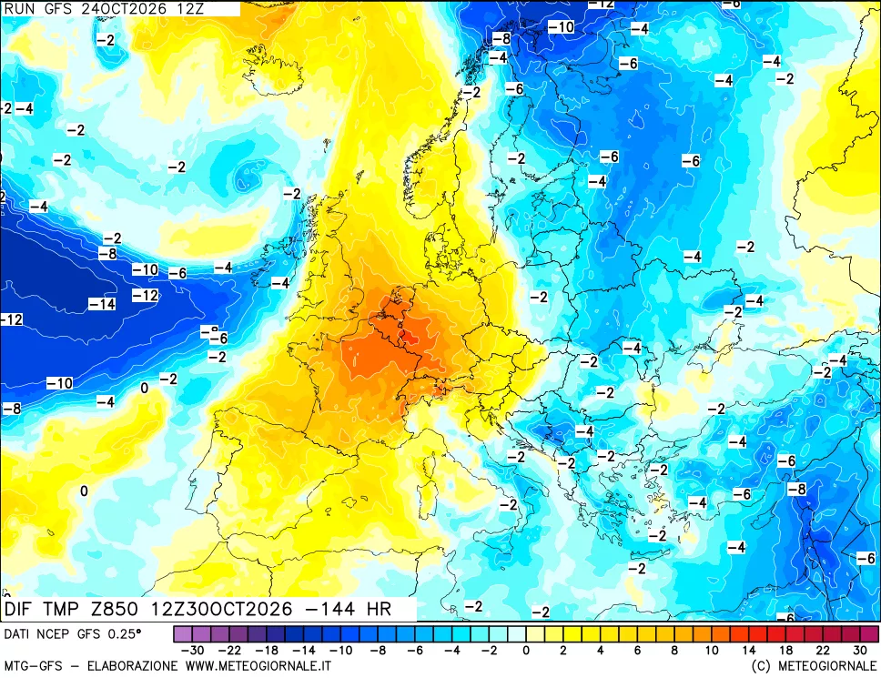 mappa Dif. Temp a 850 hPa Valid - Init