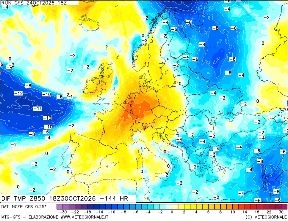 mappa Dif. Temp a 850 hPa Valid - Init