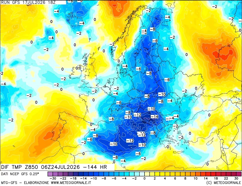 mappa Dif. Temp a 850 hPa Valid - Init