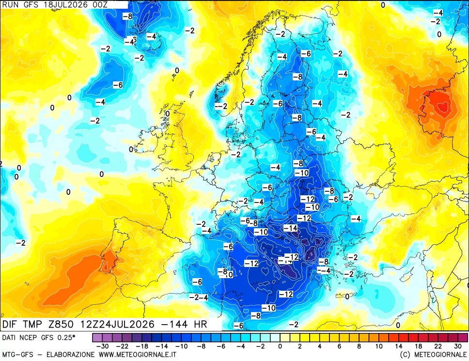 mappa Dif. Temp a 850 hPa Valid - Init