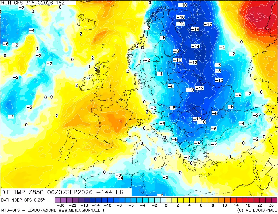mappa Dif. Temp a 850 hPa Valid - Init