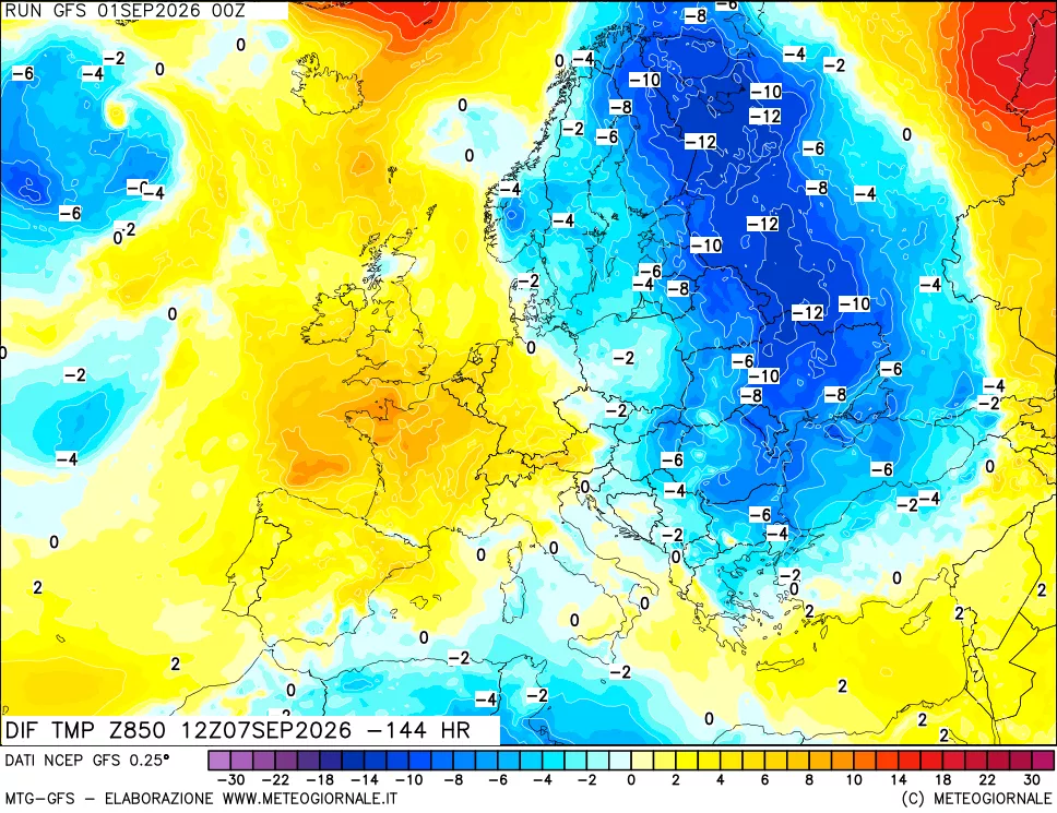 mappa Dif. Temp a 850 hPa Valid - Init