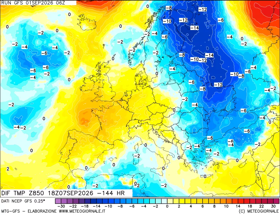 mappa Dif. Temp a 850 hPa Valid - Init
