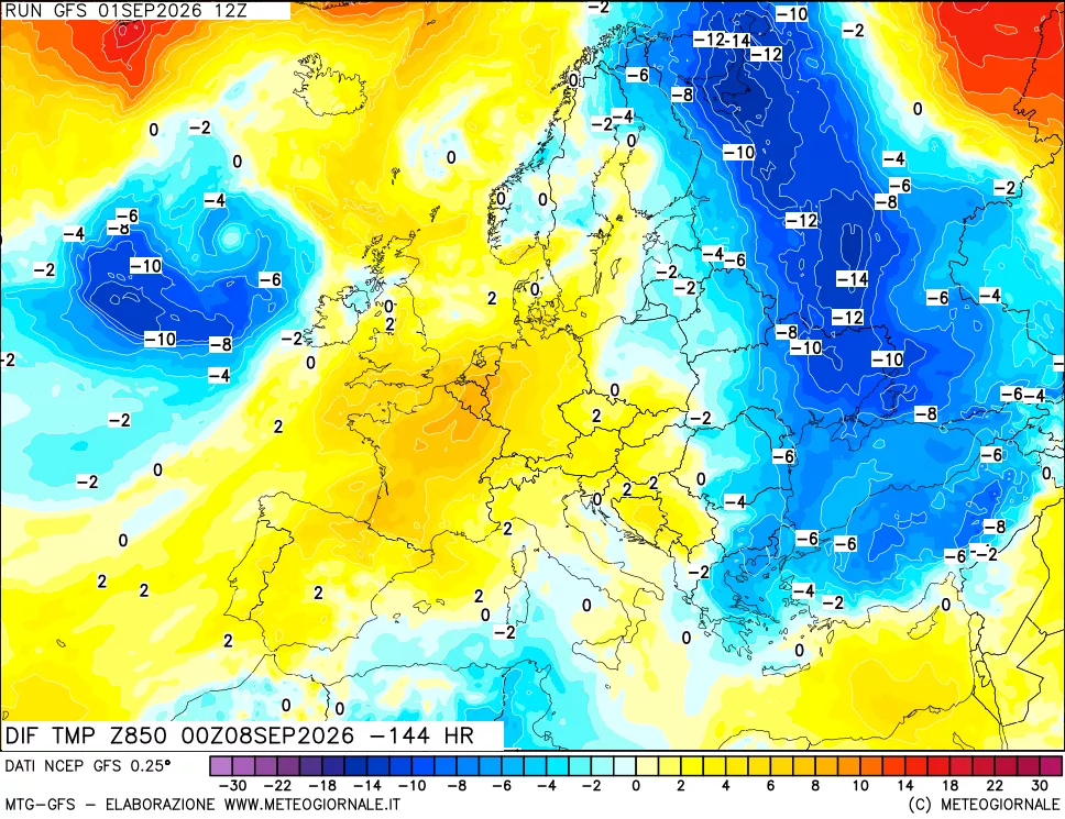 mappa Dif. Temp a 850 hPa Valid - Init