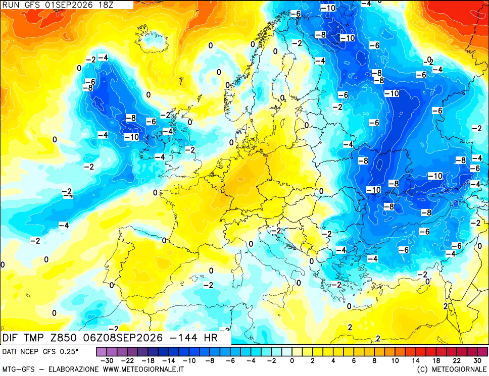 mappa Dif. Temp a 850 hPa Valid - Init
