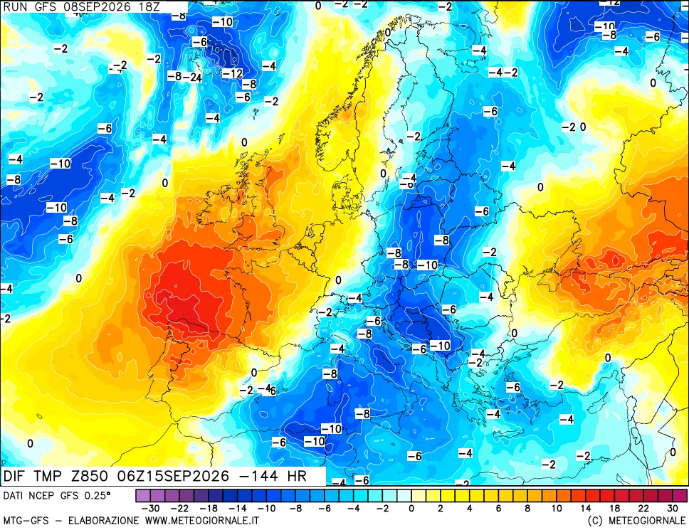 mappa Dif. Temp a 850 hPa Valid - Init