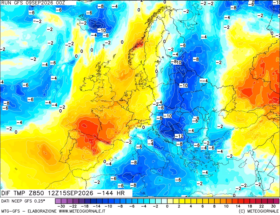 mappa Dif. Temp a 850 hPa Valid - Init