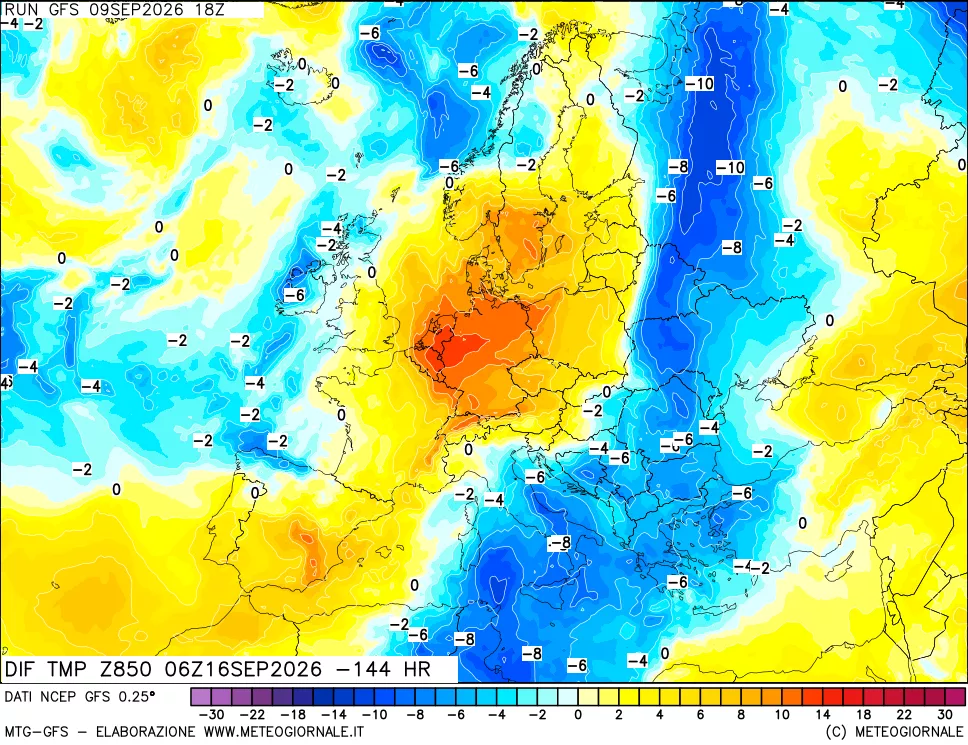 mappa Dif. Temp a 850 hPa Valid - Init