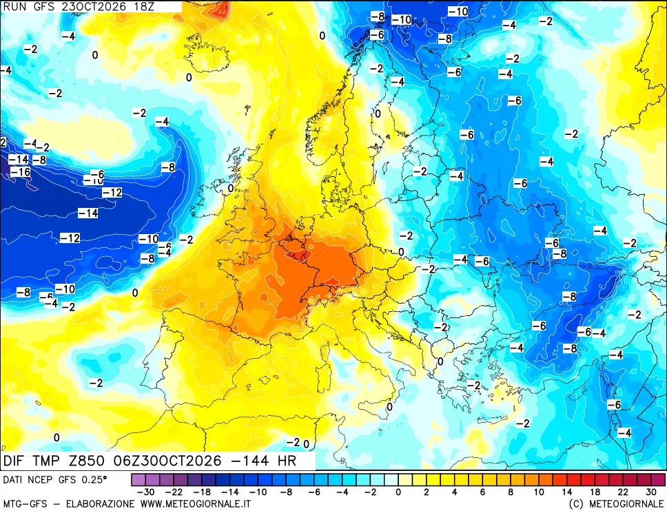mappa Dif. Temp a 850 hPa Valid - Init