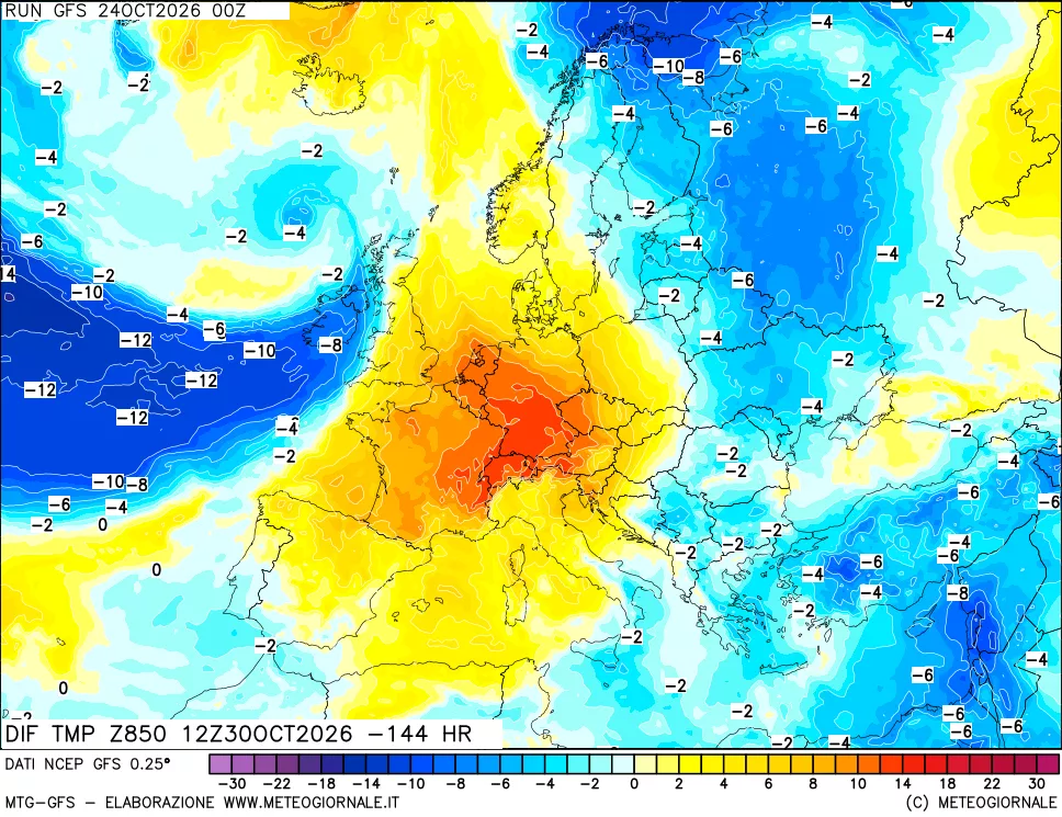 mappa Dif. Temp a 850 hPa Valid - Init