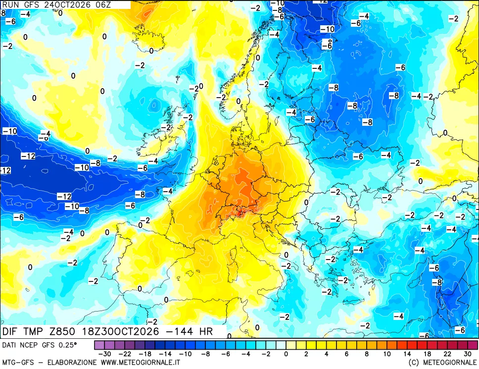 mappa Dif. Temp a 850 hPa Valid - Init