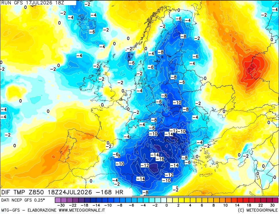 mappa Dif. Temp a 850 hPa Valid - Init