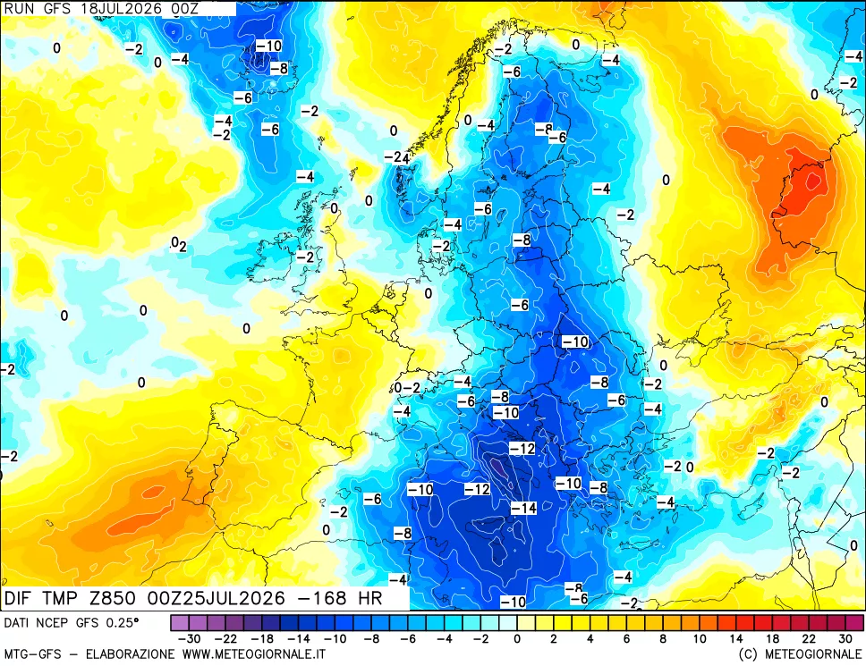 mappa Dif. Temp a 850 hPa Valid - Init