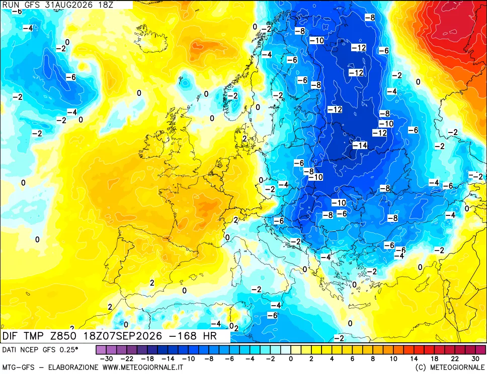 mappa Dif. Temp a 850 hPa Valid - Init