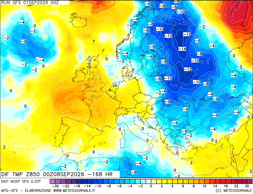 mappa Dif. Temp a 850 hPa Valid - Init