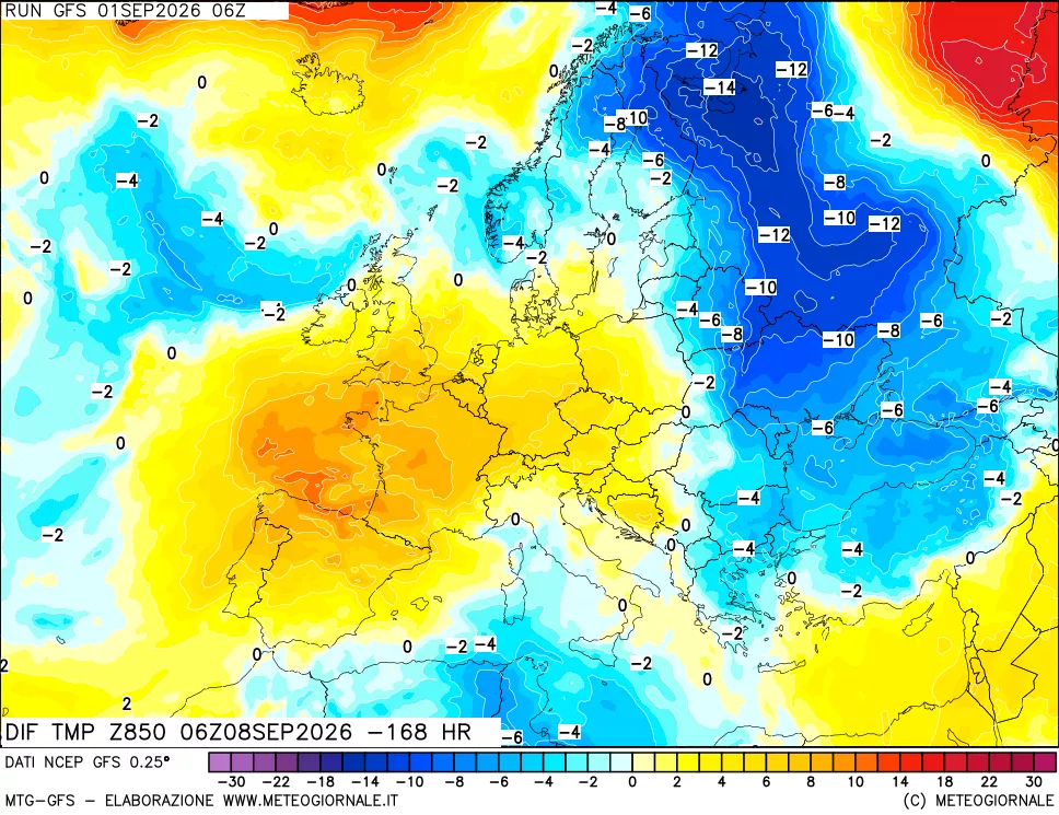 mappa Dif. Temp a 850 hPa Valid - Init