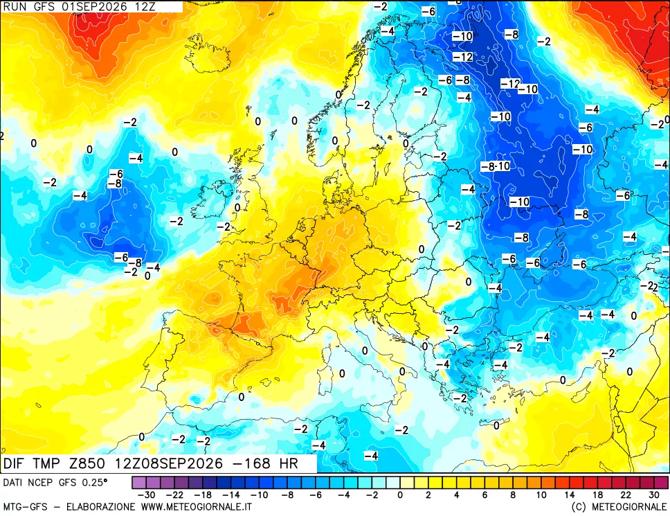 mappa Dif. Temp a 850 hPa Valid - Init
