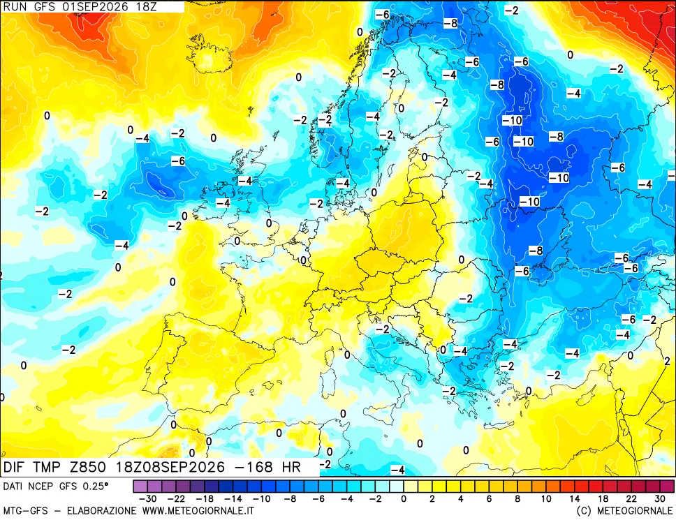 mappa Dif. Temp a 850 hPa Valid - Init