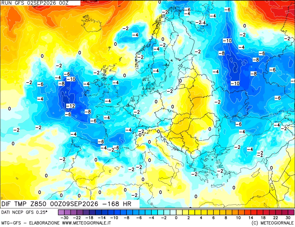 mappa Dif. Temp a 850 hPa Valid - Init